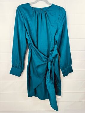 G&Y Teal Satin Wrap Dress Long Sleeve Tie Front Large